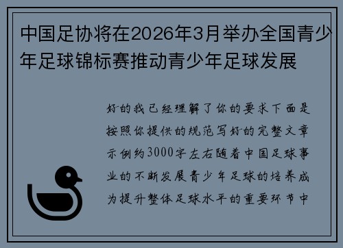 中国足协将在2026年3月举办全国青少年足球锦标赛推动青少年足球发展