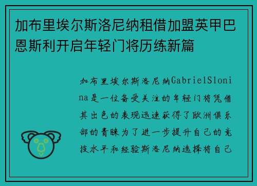 加布里埃尔斯洛尼纳租借加盟英甲巴恩斯利开启年轻门将历练新篇
